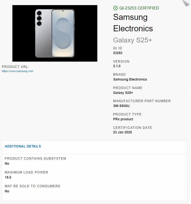 Samsung S25+ Support Qi2